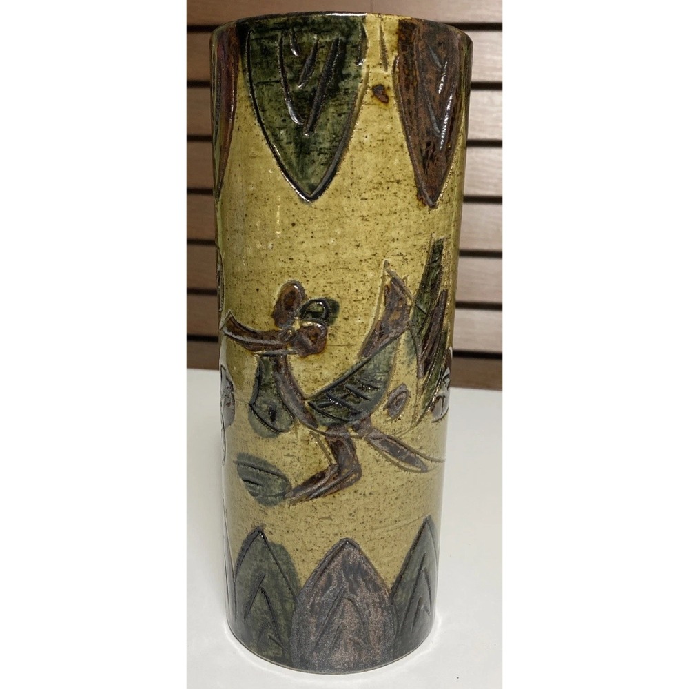 Vintage Stoneware Vase Japanese Otagiri MCM Incised Cylinder 8.5"